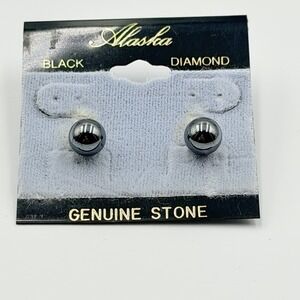 Vintage Alaska Black Diamond Stone Pierced Earrings Silver Tone Retro Genuine